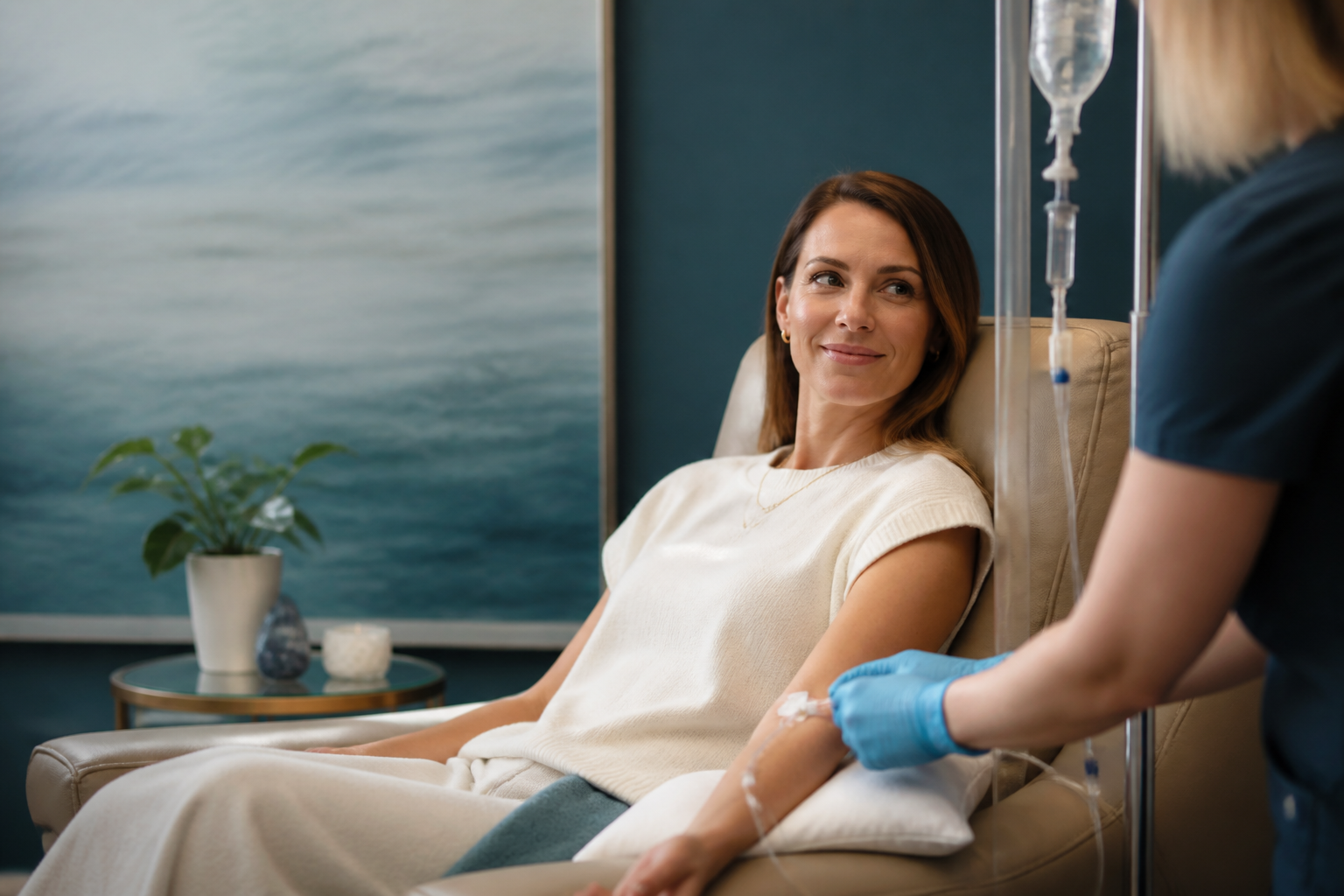 A calm guest receiving a wellness infusion